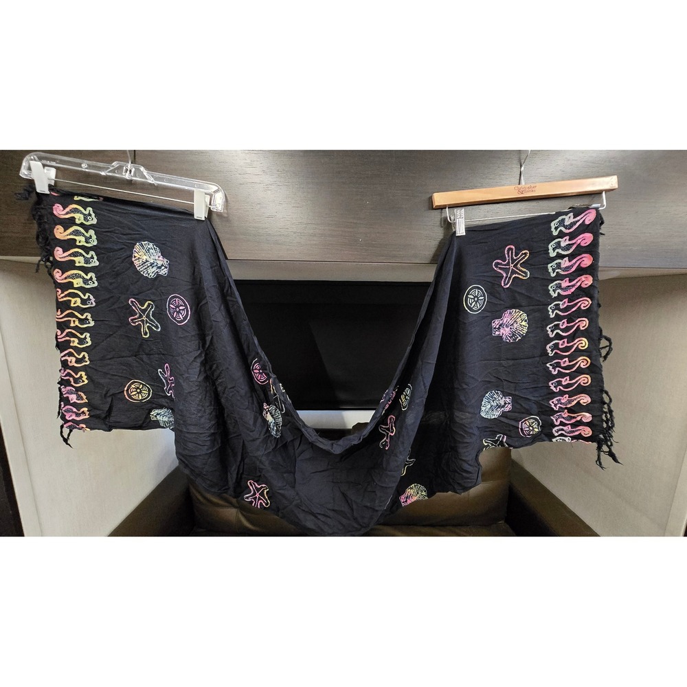 Black Neon Seahorse Starfish Batik Sarong Wrap Beach Cover Up Fringed Scarf